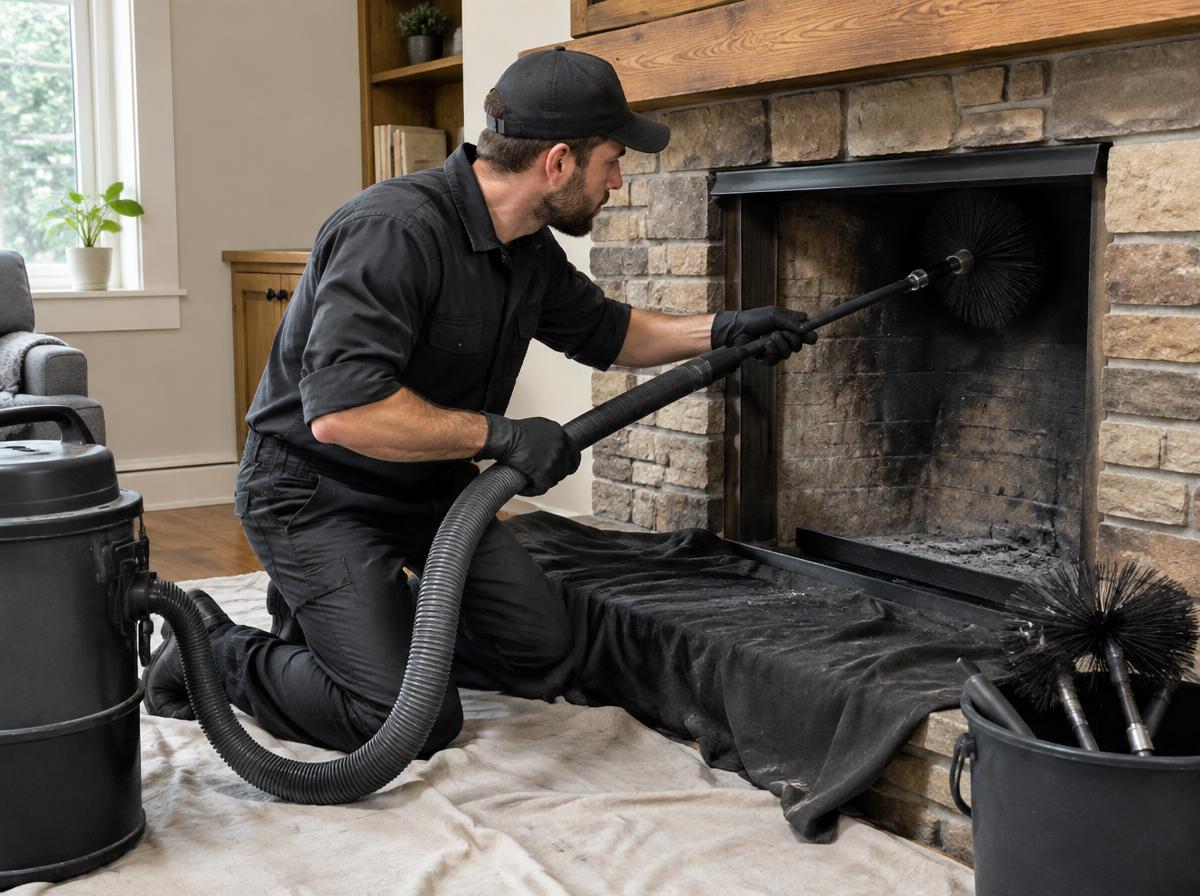 Chimney sweep technician cleaning a flue in Los Angeles
